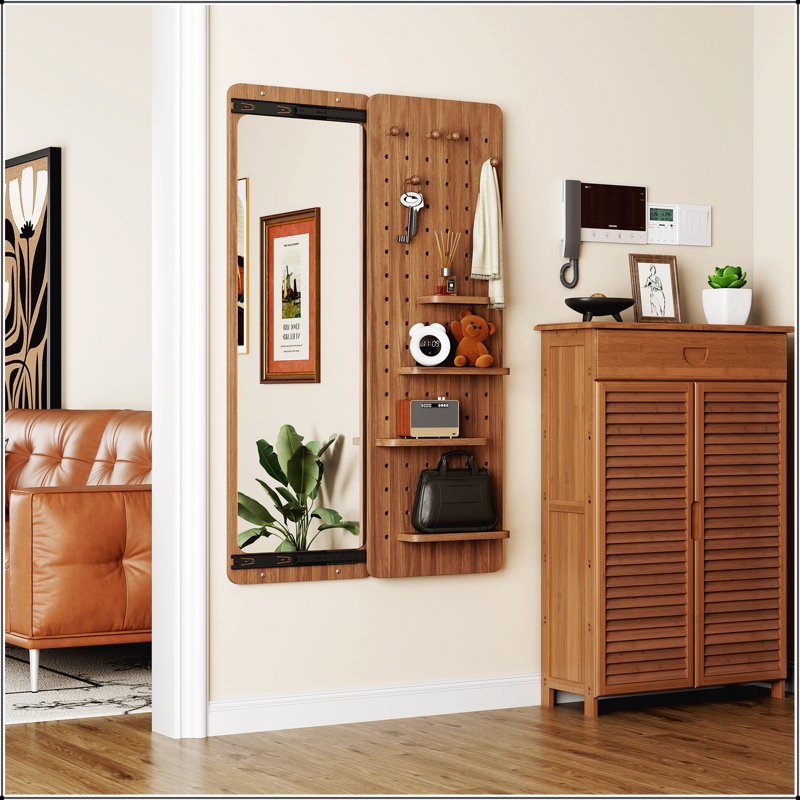Wall Mounted Full Length Mirror With Shelf And Hook, Multifunctional Design For Space Efficiency In Bedrooms, Living Rooms, And Entrances