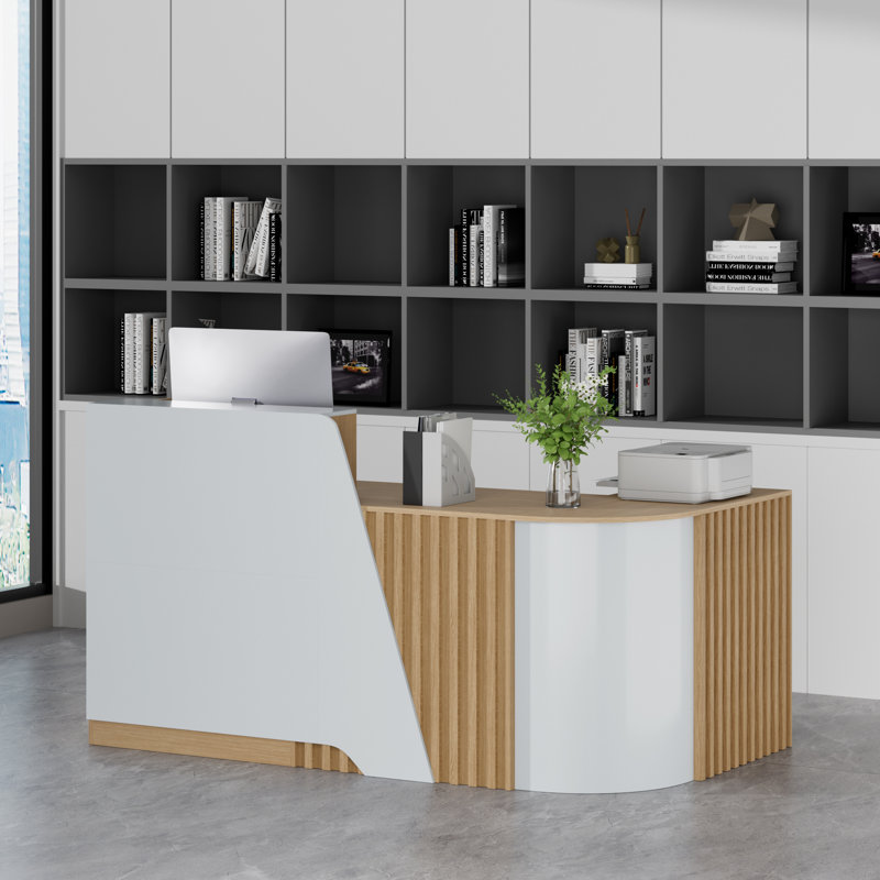 Grand comptoir de réception en L avec grille en bois, comptoir de réception moderne avec tiroirs verrouillables, rangement et plateau à clavier, pour caisse, hall d'entrée, bureau