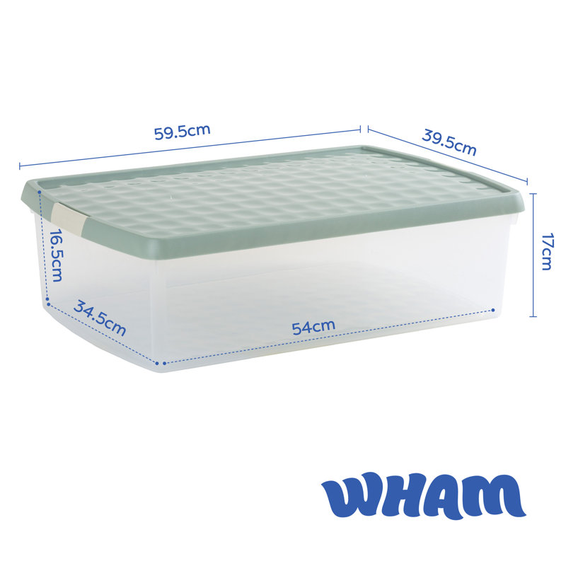 Wham Clip 30L Rectangular Plastic Storage Boxes with Secure Clip Lock Lids. L:59.5 x W:39.5 x H:17cm, Clear/Green