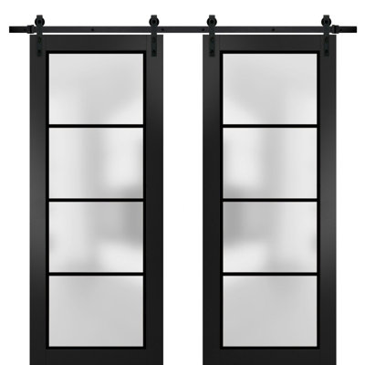 Porte de grange double robuste avec verre dépoli Planum 2132, rail noir mat de 4 m (13 pi), porte intérieure moderne à panneaux pleins - 91,4 cm x 243,8 cm (2 x 45,7 cm x 243,8 cm) - Rail noir