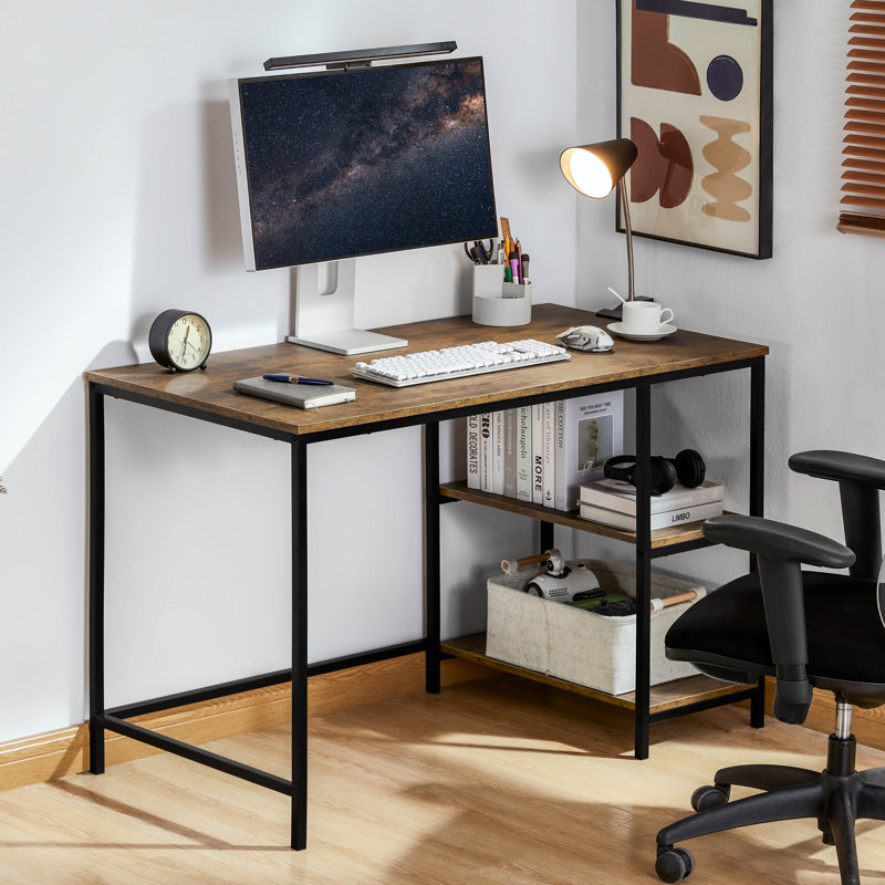 Sylvie Industrial Style Computer Desk With Storage Shelves and Metal Legs Home Office Workstation, Brown