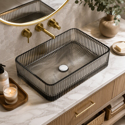 Lavabo de salle de bain rectangulaire en verre cristal, noir transparent, 18 po, vasque sans robinet