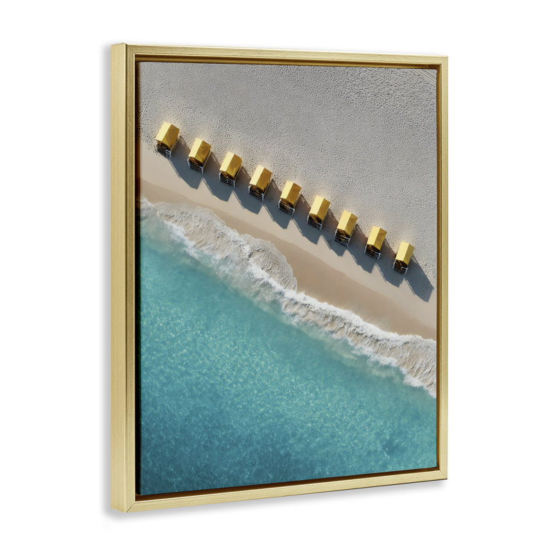 Cadre flottant de cabanes jaunes le long de la côte, design par Franklyn Gregory, 31 x 25, Metallic Gold Floater Framed