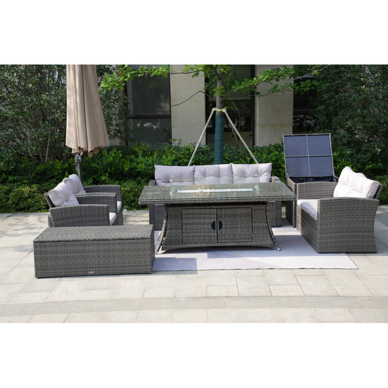 Ensemble de conversation en osier / rotin pour 7 personnes avec coussins Connersville, gris, Gris
