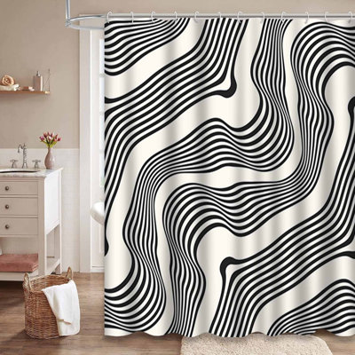 Abstract Decorative Diagonal Wavy White Shower Curtain with 12 Hooks