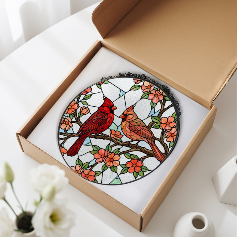 7.8"H Cardinal Birds Stained Glass Window Panel, 7.8" H x 7.8" W