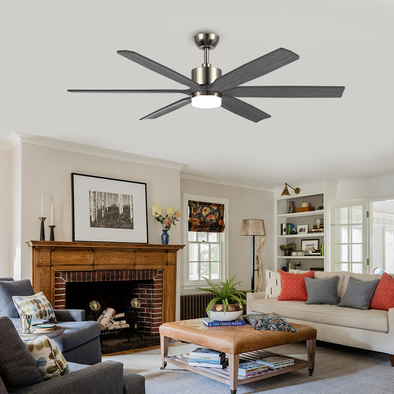 Modern 60-inch 6-blade Ceiling Fan With Led Light & Remote Control, Black, Gray