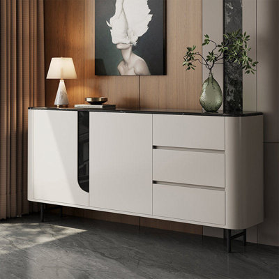 Buffet minimaliste en hêtre et en pierre frittée, armoire d'entrée moderne, cloison de salon et unité de rangement