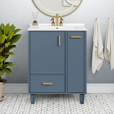 Armoire de salle de bain avec lavabo, tablettes de porte, tiroirs profonds, paniers coulissants à double couche, structure en bois massif, panneau de fibres à densité moyenne, paquet simple, gris
