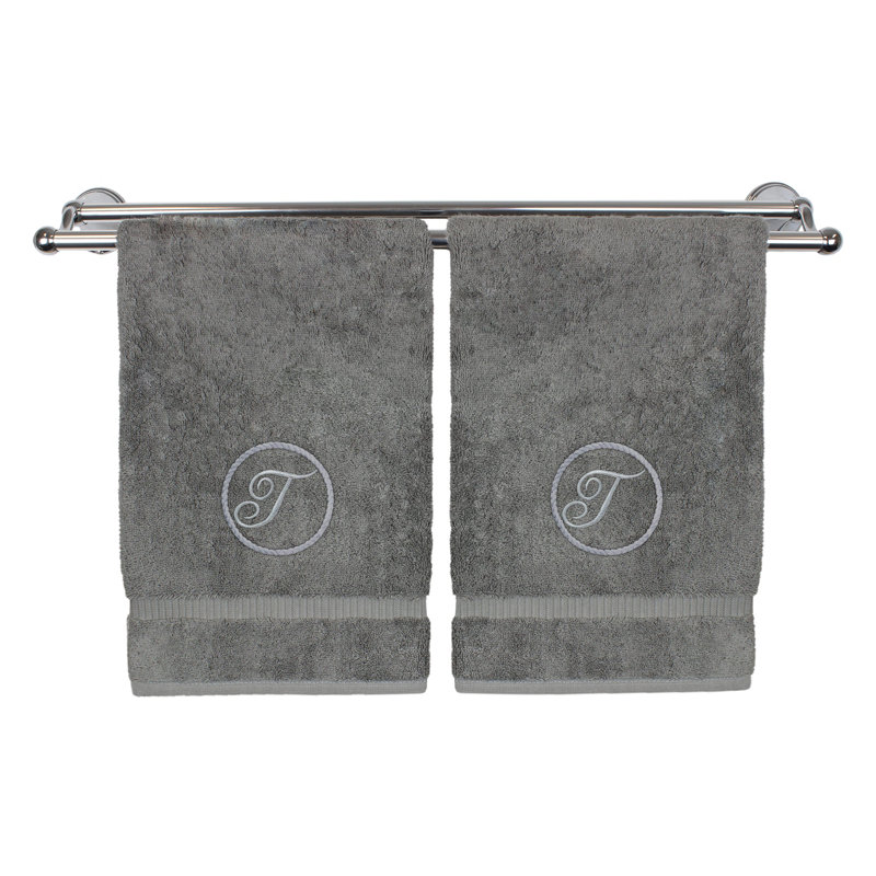 Essuie-mains monogramme - ensemble de 2 - lettre à motif circulaire, Gris / Argent, T