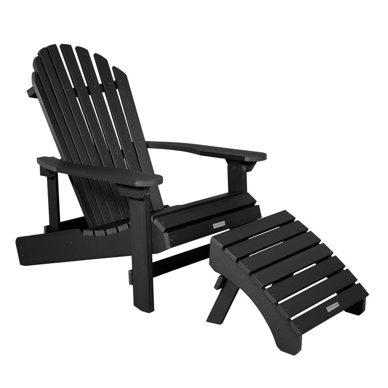 Anette Outdoor Adirondack Chair With Ottoman, Black