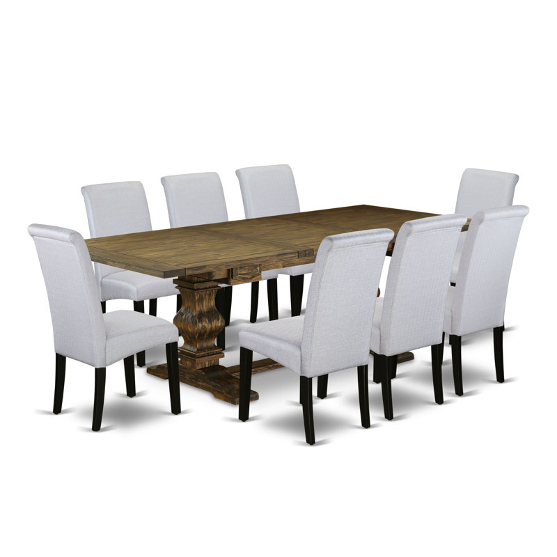 Ensemble de salle à manger 9 pièces comprenant une table de salle à manger rectangulaire avec rallonge amovible et 8 chaises rembourrées en tissu gris, jacobin
