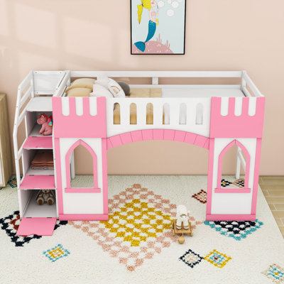 Twin Wood Loft Bed With Storage Staircase, Playful Window Design