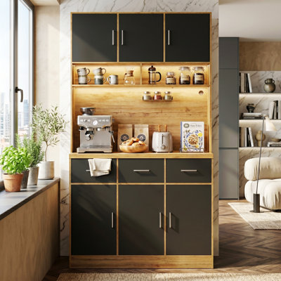 100cm W Large Freestanding Kitchen Cabinet & Microwave Stand with App-Controlled LED & Sockets, Multi-Tier Drawer Pantry Cupboard, Modern Wood