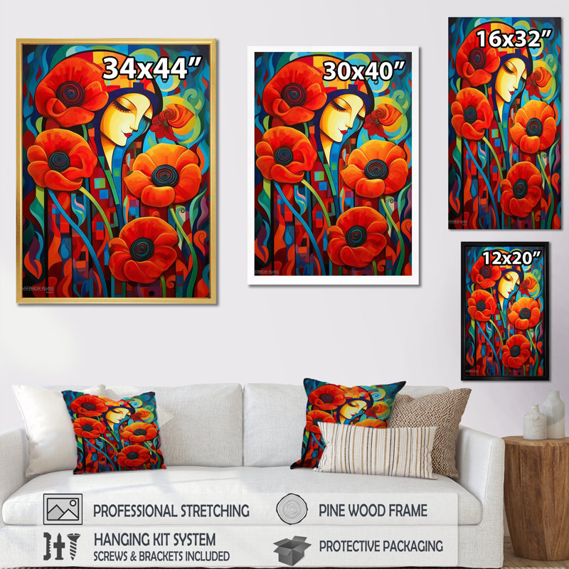 «Couple Portrait Blossoming Retro Red Poppies», reproduction sur toile, H 20 po x l 12 po x P 1 po, Toile tendue