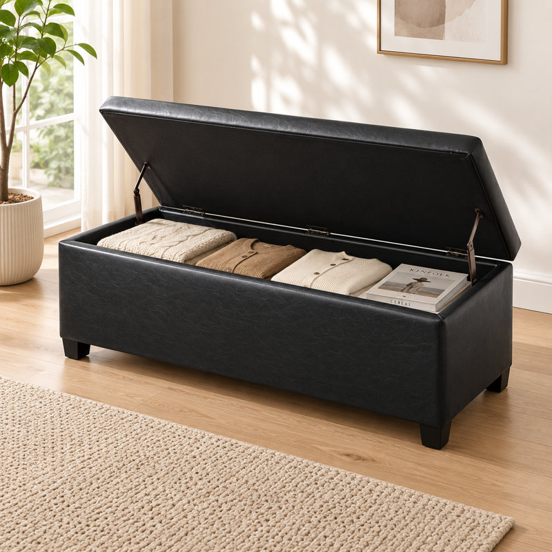 Banc ottoman de rangement capitonné en similicuir de 42 pouces pour salon, Faux Leather, Noir