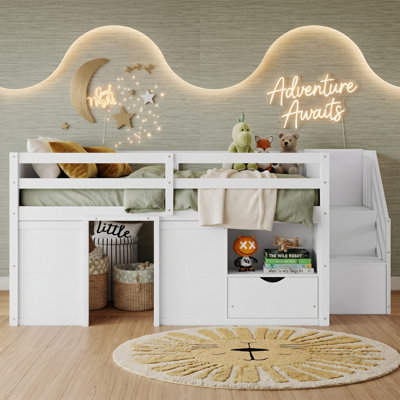 Lit mezzanine double bas avec escalier intégré, tiroir de rangement et tablette, cadre de lit pour enfant en bois de pin massif avec lumières DEL