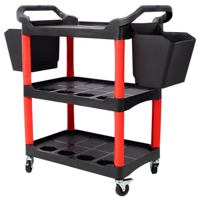 3 Tier Rolling Auto Detail Cart – Red&black With 2pcs Hanging Buckets, 12 Spray Bottle Holders, Lockable Wheels, 300lbs Capacity High-grade Plastic Shelves For Detailers’ Garage/workshop/repair Shop Tool Storage