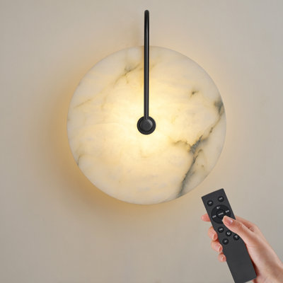 9.84in Round Modern 3 Color Dimmable Integrated LED Alabaster Wall Sconce With Remote Control, Black Accent