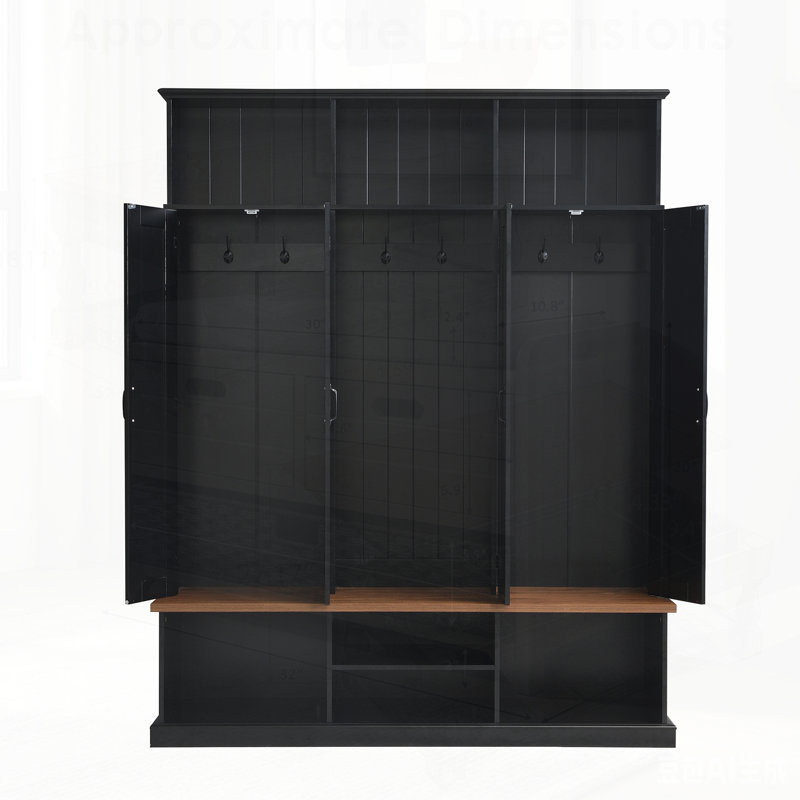 Entryway Hall Tree with Bench, 3 Top Cubbies & Bottom Storage, Farmhouse Coat Rack for Organized Living
