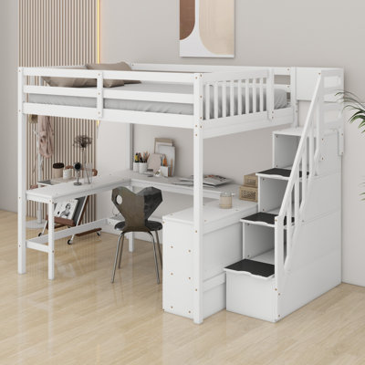 Lit mezzanine double avec bureau intégré en forme de L, structure de lit mezzanine en bois avec tablettes à 3 niveaux et escalier de rangement, lit mezzanine haut avec support à lattes et garde-corps, mobilier de chambre à coucher, peu encombrant