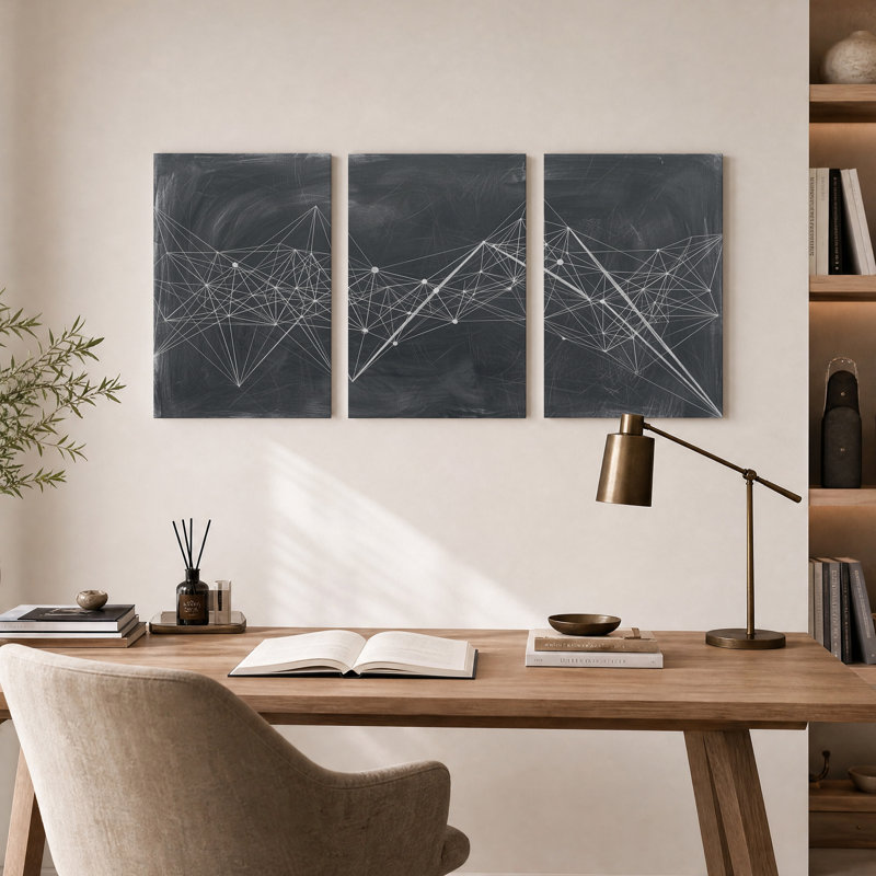 Ensemble de 3 toiles murales représentant des lignes géométriques blanches sur fond noir., 24"H x 16"W x 3pcs