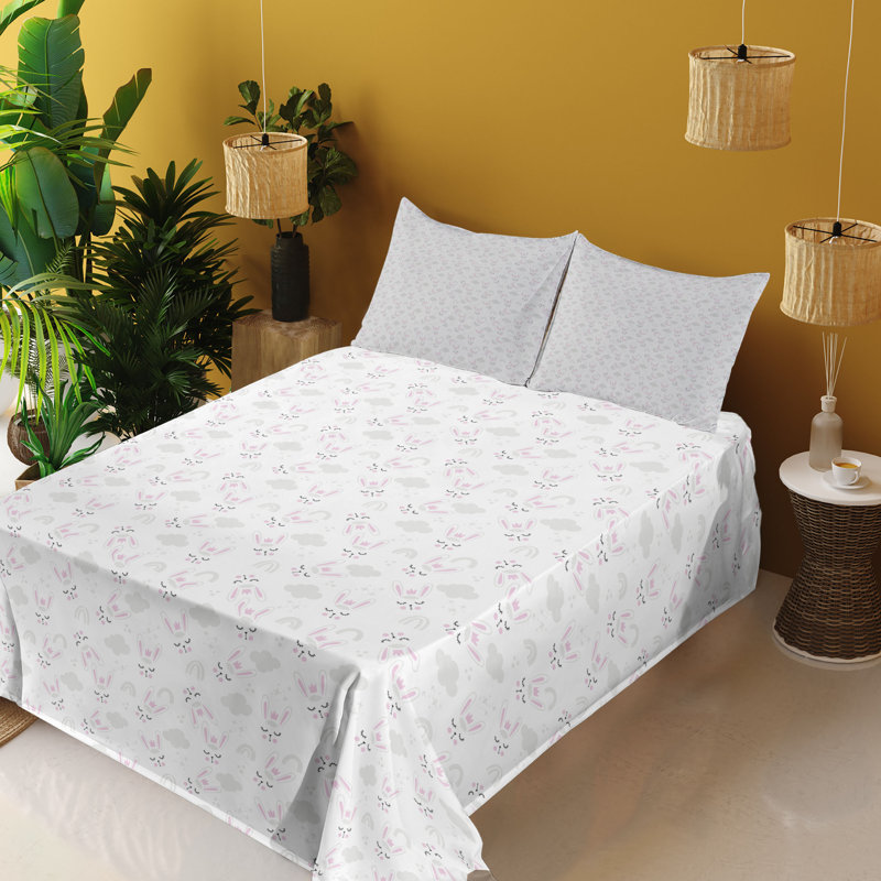 Ambesonne Grey Sheet Set Sleeping Bunny Faces Clouds Soft Pink White, Queen Sheet Set with 2 Pillowcases