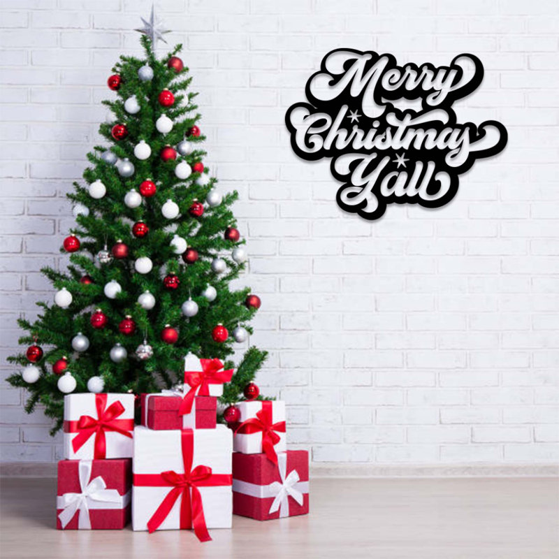 Art mural en métal Merry Christmas Y’all, Noir, H 23 po x l 30 po x P 0,12 po