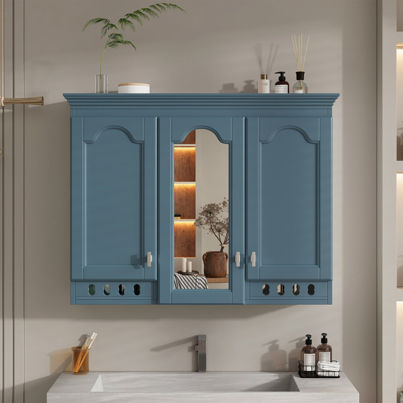 Armoire de rangement murale à miroir avec tablettes réglables, Bleu