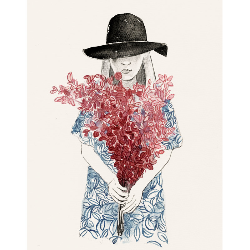 La fille et les fleurs - peinture sur toile tendue, H 12 po x l 8 po