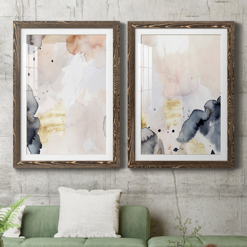 Indigo Blush and Gold III - ensemble de 2 peintures encadrées, H 31,5 po x l 43,5 po x P 1 po, Noyer