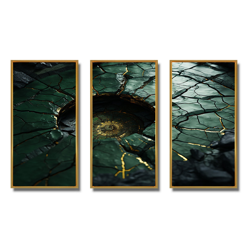 Green Emerald Amazonite Stone Geode I - Stone Geode Wall Art, Gold Floater Framed, 40" H x 60" W x 1" D