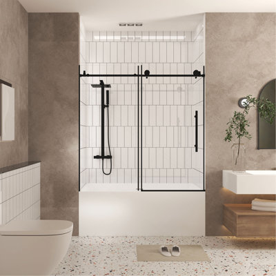 Frameless shower door 56-60 "W x 60" H, 1/4 "(6 mm) Clear Tempered Glass, Explosion Proof Film, Stainless Steel Handle, Matte Black