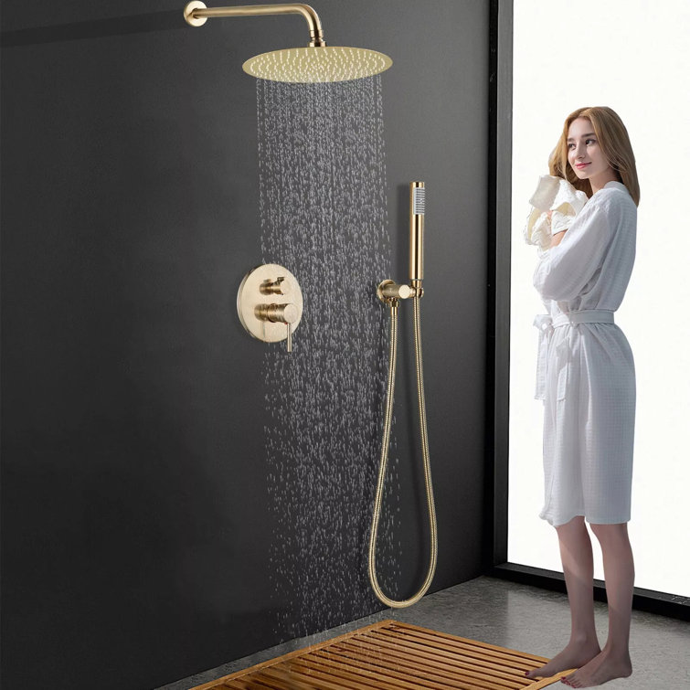Brushed Gold Concealed Shower Mixer Set Round Twin Head Combo 2 Way Valve Taps