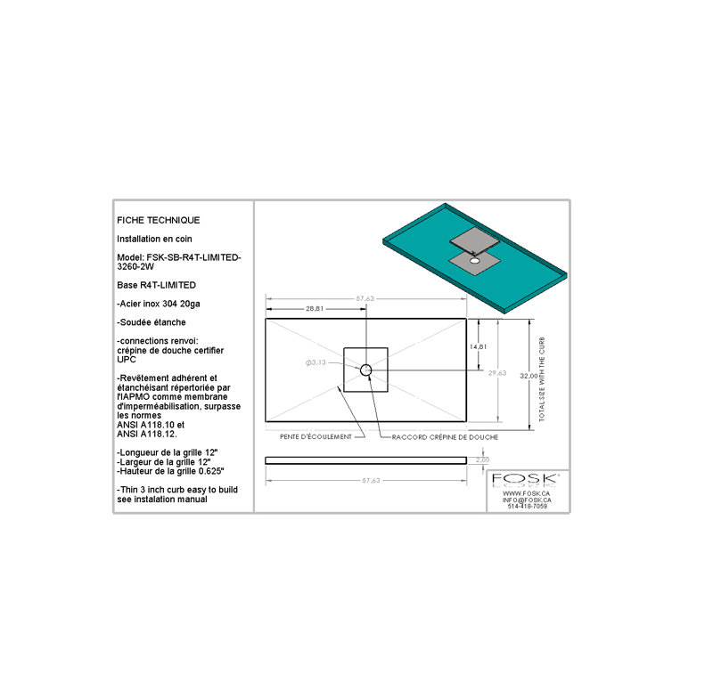 Base de douche l 60 po x p 32 po