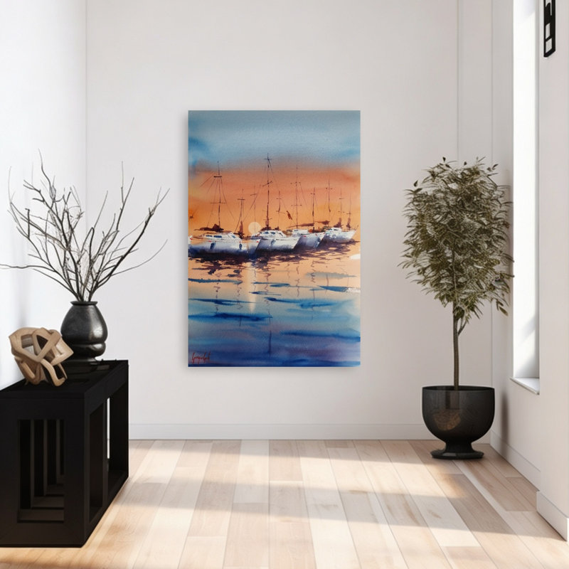 Voiliers au coucher du soleil, impression sereine paisible sur l'océan côtier, 48" H x 32" W