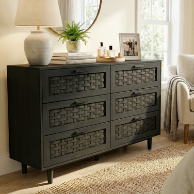 115cm 6-Drawer Chest with Faux Rattan Panel, Japandi Wide PVC Woven Dresser with Anti-Tip Device & Metal Handles,  Oak / Black
