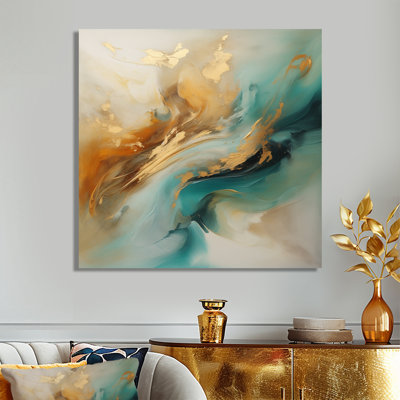 Golden Sunrise On Turquoise II - Abstract Wall Art Print