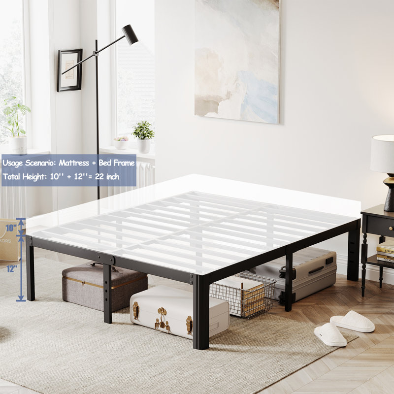 Tykesha 12" Heavy Duty Bed Frame No Box Spring Needed, Metal Platform Bed Frame with Round Corners, Queen
