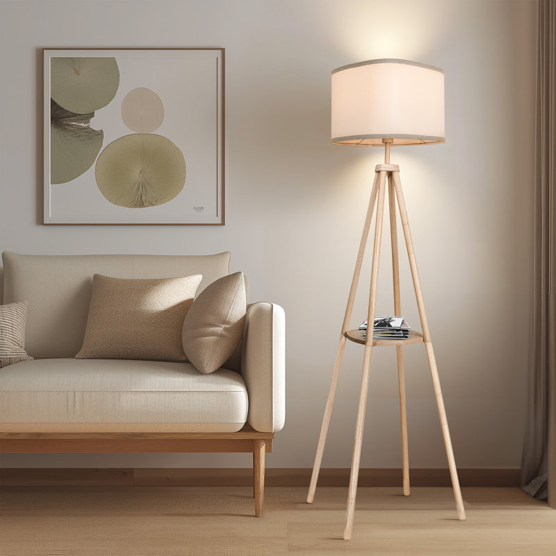 64in Wood Tetrapod Floor Lamp Dimmable With Shelves, Remote Control, Mid Century Standing Lamp For Bedroom