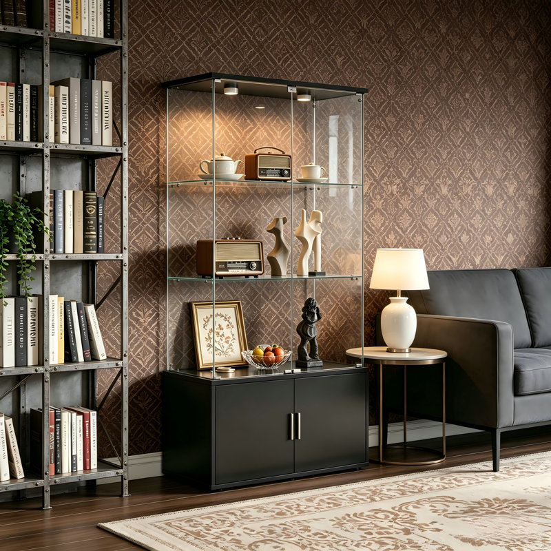 Double-Door, Four-Tier Cabinet-Style Storage Unit With Remote-Controlled PAIPAI Light And Adjustable Legs. Can Be Used As A Display Cabinet Or Wine Cabinet, Suitable For Living Room Placement.