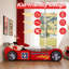 Lit Annjeanette pour enfant, en forme de voiture de course, avec roues lumineuses DEL, tête de lit rouge en forme de voiture et cadre de lit en bois.-827847724