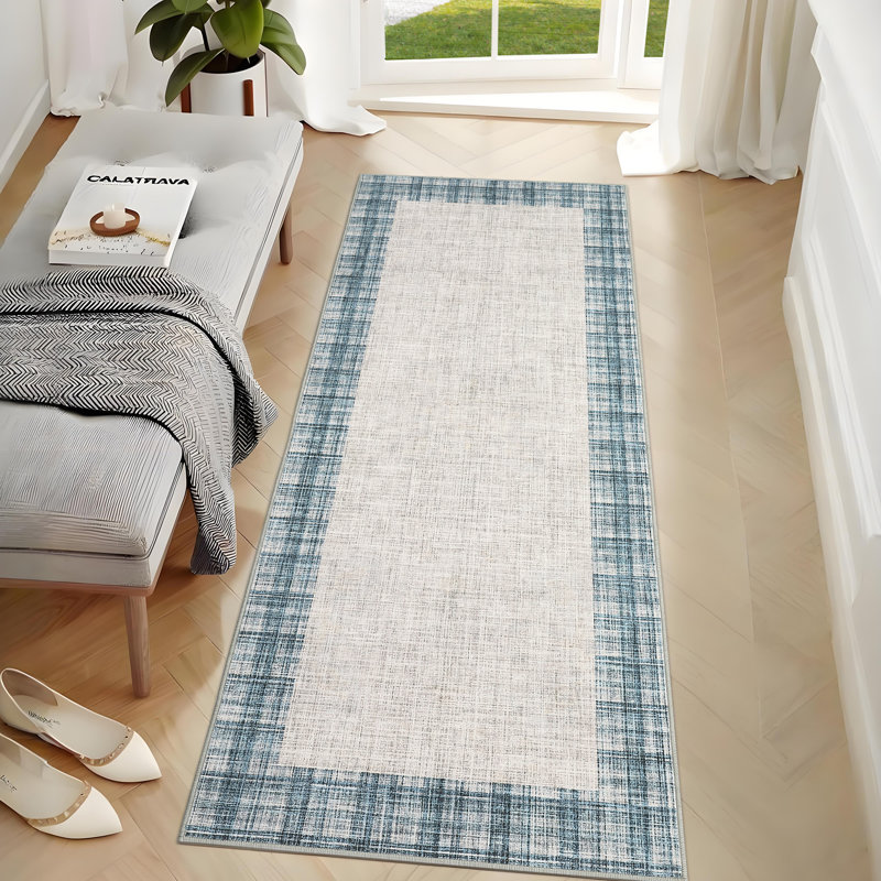 Modern Bordered Plaid Rugs Soft Thin Washable Hallway with Non-Slip TPR Rubber Backing, Foldable Low Pile Non Shedding Rugs