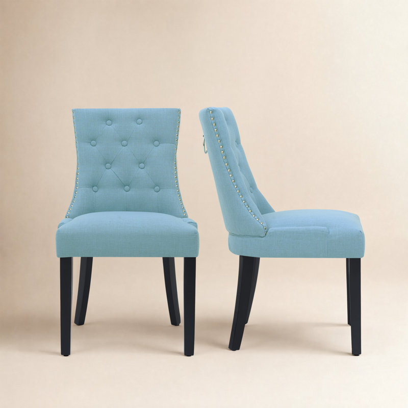 Chaises de salle à manger rembourrées à oreilles, Bleu clair, Noir, noir, noir, noir