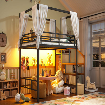 Lit mezzanine avec escalier de rangement et garde-robe, lit mezzanine en métal avec structure de baldaquin et éclairage DEL, grand espace de rangement sous le lit.