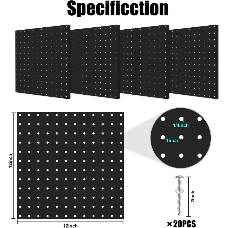 4 Pack Metal Pegboard Panels Black Pegboards Wall Organizer with Bent Frame