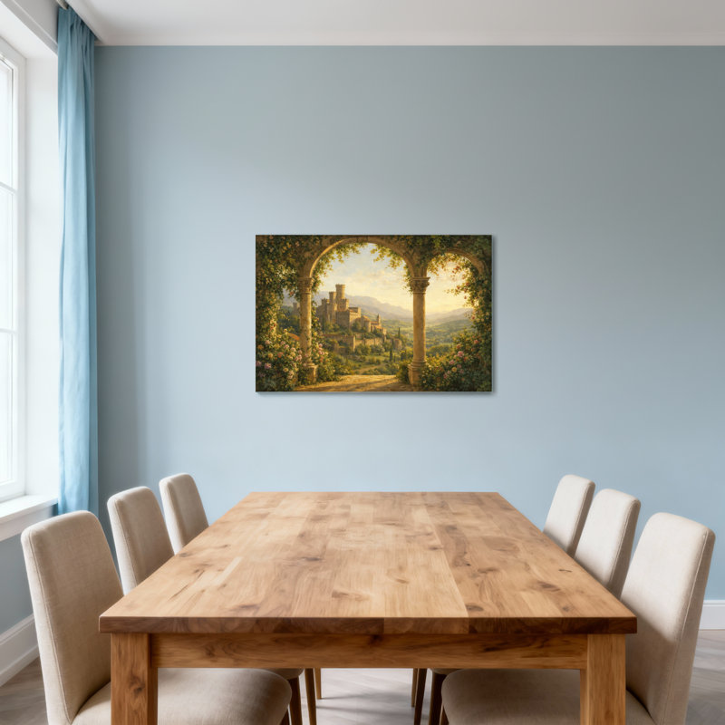 Vue sur le château pittoresque et urbain avec jardin arqué, H 16 po x l 24 po