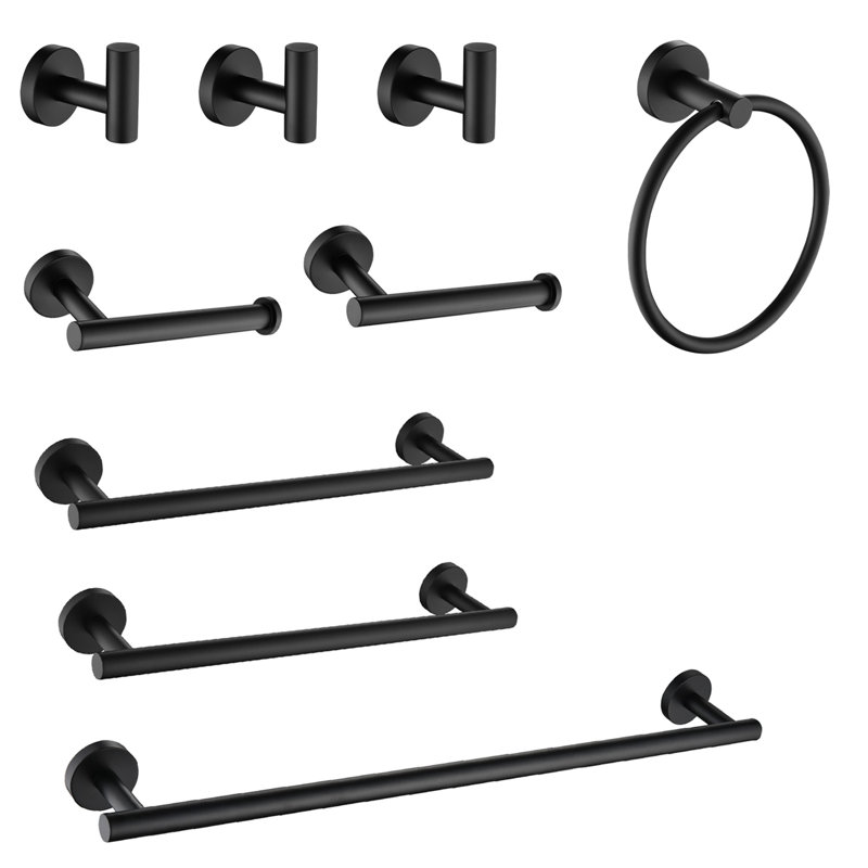 Porte-serviettes en acier inoxydable - 9 pièces. Support mural noir mat pour salle de bain, attrait moderne, rayure, facile à installer. Fixation, style, procédure
