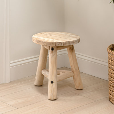 Finesse Handcrafted Rustic Solid Teak Wood Small Round Accent Stool, 14" Backless Step Stool or Living Room Side Table, Natural Bleach Finish