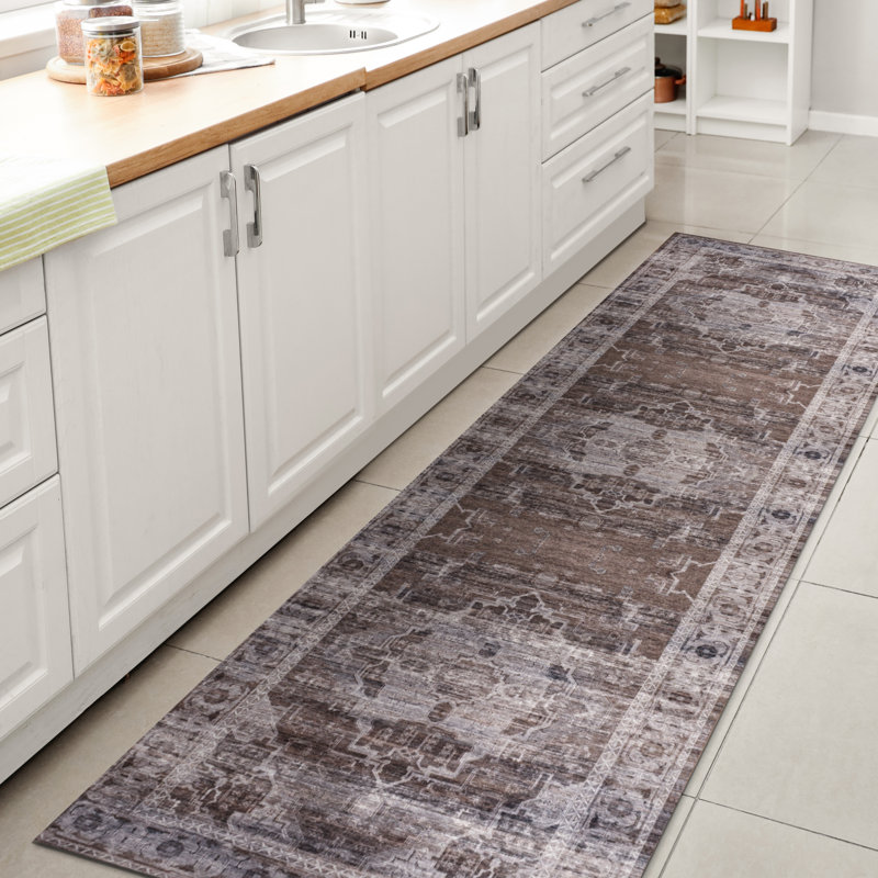 Alanya Ornate Medallion Machine-Washable Brown/Light Gray Rug, Runner 2' x 8'
